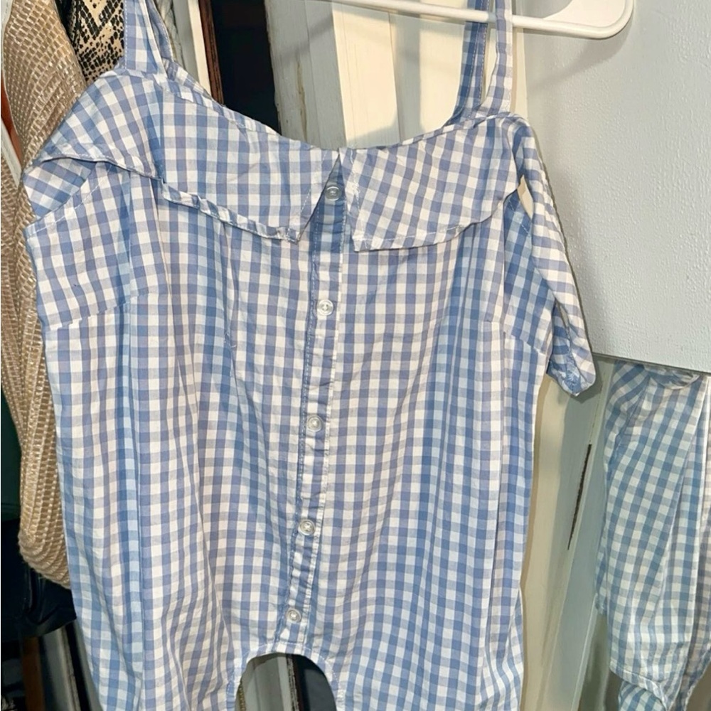 Macy's Blue and White Gingham Off-Shoulder Top